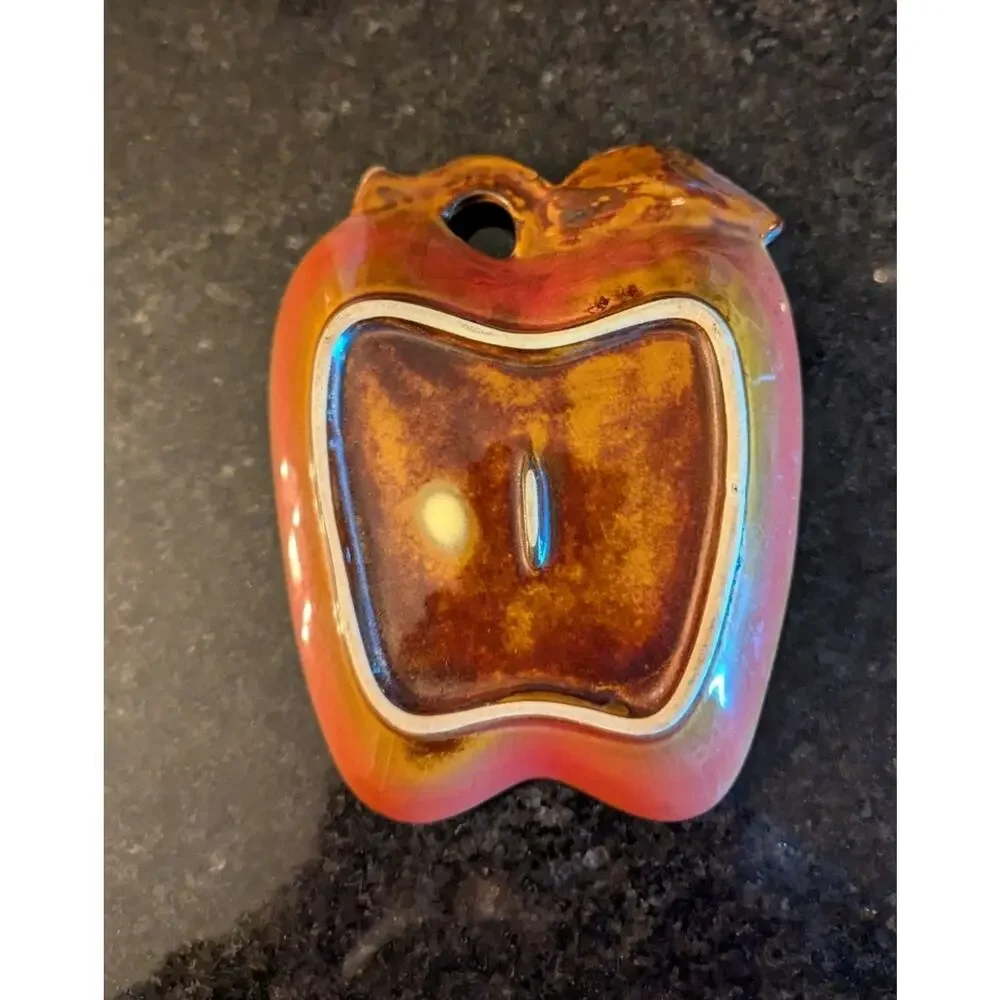 Vintage Apple Shaped Ceramic Trinket Dish Red Orange Leaf Candy Nut Dish